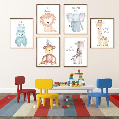 Cartoon Animal Canvas Painting Cute Elephant Lion Zebra Giraffe Poster Kindergarten Baby Room Childrens Room Wall Art Decor