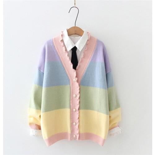 Soft Girls Kawaii Sweets Sweater Women Knitted Cardigans Cute Rainbow Striped Vintage Ruffle V Neck Knitwear Female Loose Coat