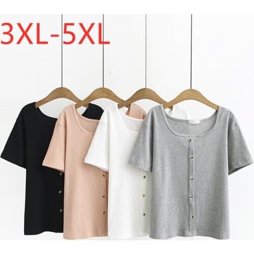 New 2021 Ladies Summer Plus Size Tops For Women Large Short Sleeve Slim Elastic Button Cotton White Gray T-Shirt 3XL 4XL 5XL