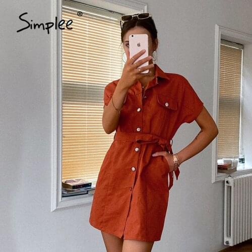 Simplee Solid chic shirt dress women Pocket casual lace up female dress Short sleeve cotton vetidos Office summer dresses