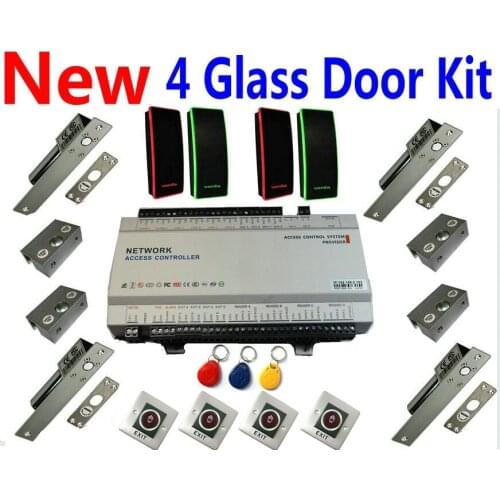 4 Glass Door Whole set of Kit Web IP Control Access Controller Panel +4 RFID Card reader+4 Electro bolt lock+bracket+4 Exit butt