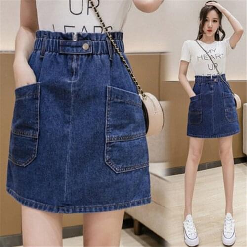 Spring Summer Elastic Waist Denim Skirts Women High Waist Button Pockets Jeans Skirts Plus Size 5XL A-line Skirt Femme Y245