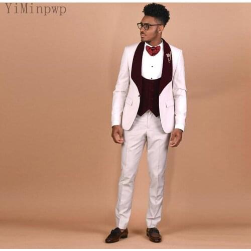 YiMinpwp White Wedding Suits for Men Shawl Lapel One Button Costume Mariage Homme Blazer Jacket Formal Men Suit Coat Vest Pant