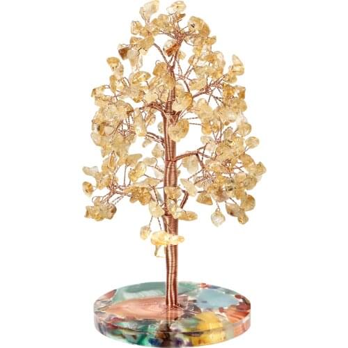 TUMBEELLUWA Handmade Natural Crystal Money Tree on Agate Slice Base,Tree of Life Healing Chip Stone Figurine Fengshui Decoration