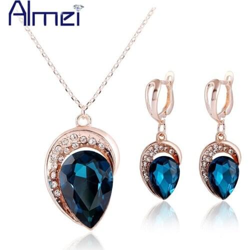 Almei 49% off Rose Gold Color Jewelry Sets Necklace Ladies Jewellery Set Bohemian Earring Pendants Big Red Blue Stones JS0101