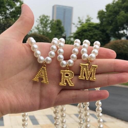 Pearl Letter Necklace for Women Stainless Steel Gold Initial Alphabet Choker Pendant Necklace Collar Jewelry Gift Bijoux Femme