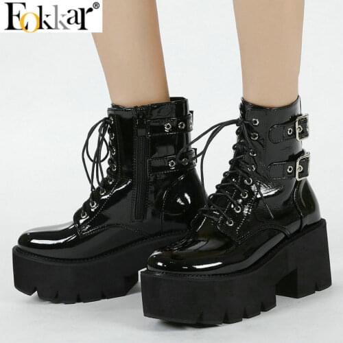 Eokkar 2021 Goth Ankle Boots for Women Platform Boots Gothic Boots Lace Up Patent Leather Block Heel Ankle Booties Winter Shoes