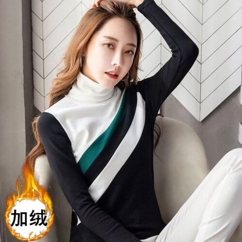 Woman Tshirts High Collar Womens Autumn and Winter Color Striped T-shirt Womens Long Sleeve Ropa Mujer Camisetas