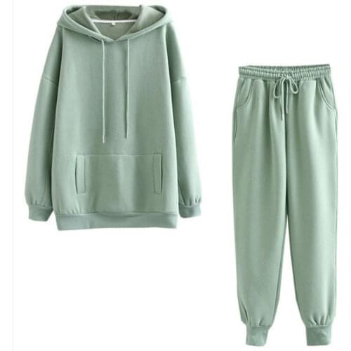 Women Tracksuits Autumn Winter Thick Fleece Warm Solid Suit 2 Pieces Sets Female Casual Long Sleeve Hooded Sweatshirt Outfit