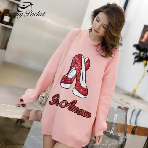 Women SPring Autumn Fashion Pink O-Neck Long Sleeve Sweater Female Mid-Length Sequined Print Casual Long sleeve pullovers QL378
