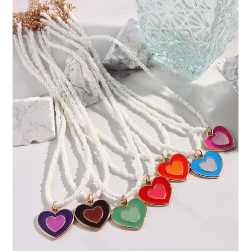 2021 New Korean Double Layer Heart Beaded Handmade Necklaces for Women Cute Sweet Girls Clavicle Chain Necklace Jewelry Gifts
