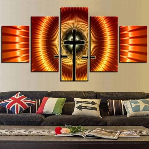 5 Pieces Cross Canvas Painting Jesus God Posters Wallpapers Religion Pictures for Church Home Living Room Decor Artwork Orange