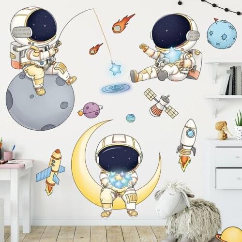 6 Styles Cartoon Space Astronaut Wall Stickers For Living Room Kids Room Nursery Wall Background Decor Removable Home Decoration