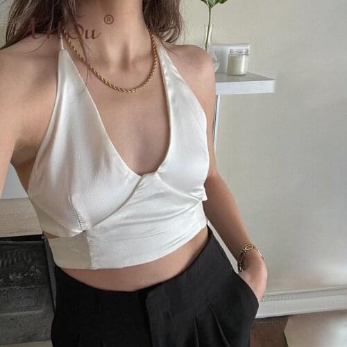 ArtSu Halter Deep V Neck Lace Up White Sexy Slim Crop Top Backless Fashion Bnadage Tank Tops Streetwear Women Summer Satin Tops