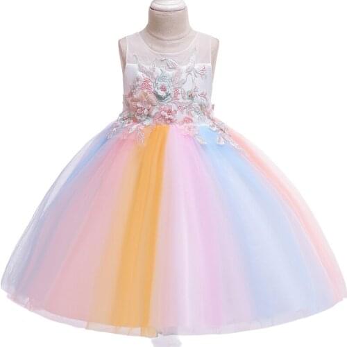 Girls Princess Flowers Ball Gown Rainbow Tulle Weddings Dress Party Princess Kids Dresses for Girls Clothes Girls Summer Dress