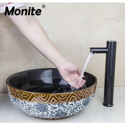 Black Deck Mount Basin Sensor Faucet Bathroom Sink Washbasin Ceramice Lavatory Bath Sink Combine Set Torneira Tap Mixer Faucet