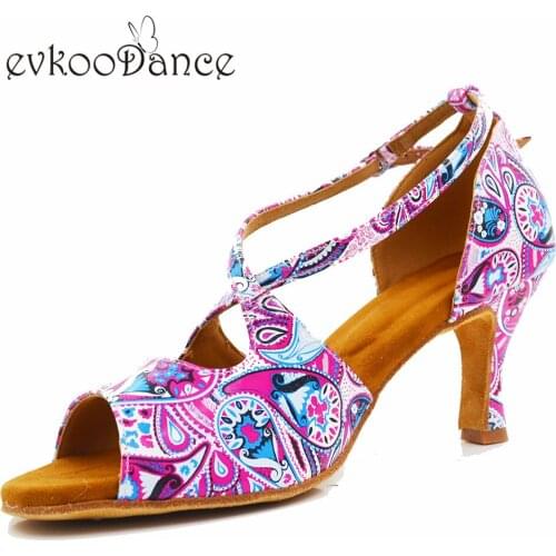 Evkoodance heel height 7cm satin latin dance shoes Size US4-12 Women Shoes flower pu Professional Evkoo-612