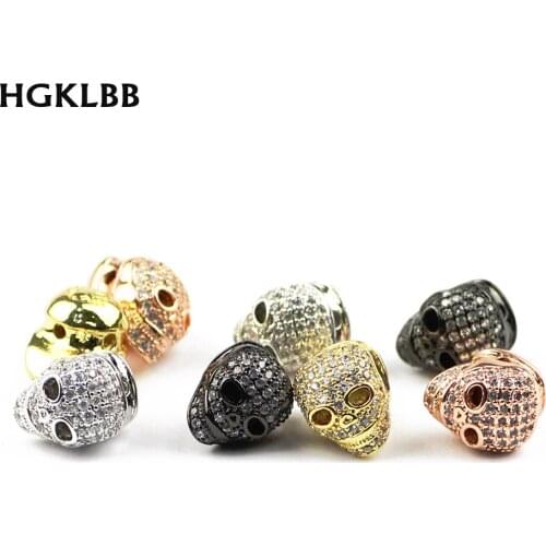 HGKLBB White Zircon skull Pendants Copper beads Spacer 2pcs Charms Loose beads for Jewelry making bracelet DIY Accessories