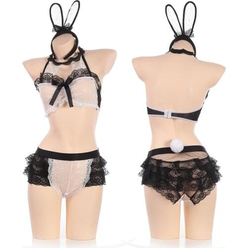 Porno Lingerie Set Cosplay Sexy Bunny Girl Babydoll Role-playing Uniform Halter Bra Crotchless Black Lace Panties Cute Tail
