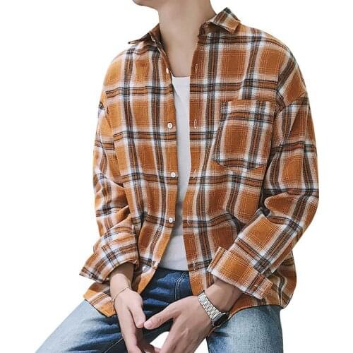 Japanese Style Harajuku COTTON 100% fashion casual Loose multicolor plaid long sleeve Leisure Streetwear tops men check shirts