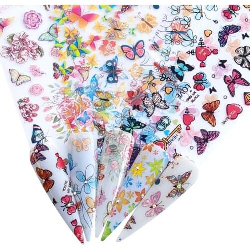 FWC Nail Butterfly Flower Foils Set Colorful Flowers Transfer Sticker Sliders Decal Adhesive Manicure Nail art Decoration Wrap