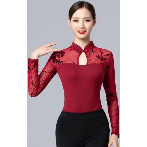2021 New Women Latin Dance Practice Clothes Long Sleeve Tops High Collar Lace Shirt Salsa Rumba Chacha Dance Performance Costume