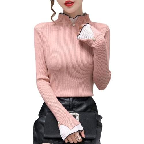Half high Collar Sweater Women Fashion Splicing Chiffon Fake Two knit Sweater Lady Spring Autumn Casual bottoming Shirt Female