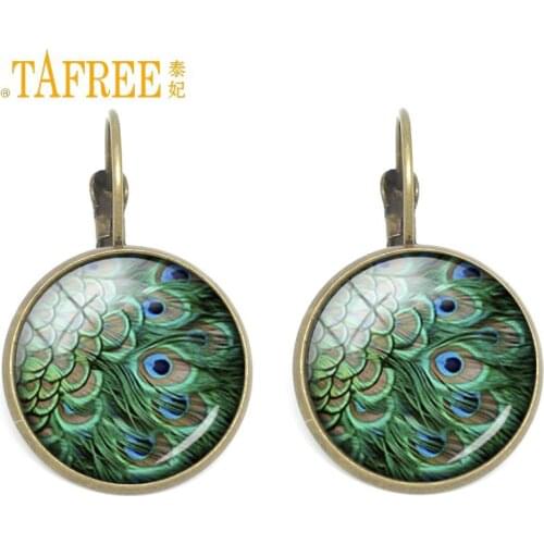 TAFREE Fashion Accessories Crystal Glass Earrings Peacock Wiggling Feather Art Earring Jewelry Charm Pendant Handmade Gift ES60