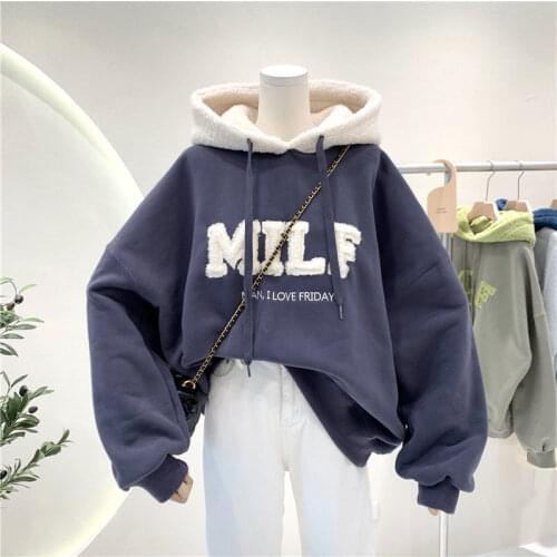 Womens loose cotton casual letters wide quality thick sleeved hoodie women streetwear fashion patchwork oversized sweatshirt