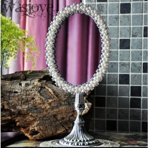 Silver color alloy metal makeup dressing table desktop standing cosmetic mirror adesivo de parede embossed frame makeup tool