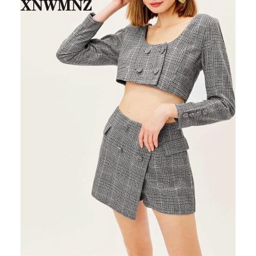 XNWMNZ women Fashion Wool blend plaid skort Vintage asymmetrical hem pocket button Zipper Lined with shorts Female chic skirts