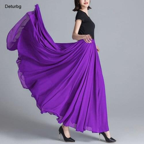 Womens Elegant Big Hem Flowy Maxi Skirt Female High Waist 3 Layers Chiffon Dance Beach A-Line Skirts Saias 2021 Autumn SK840