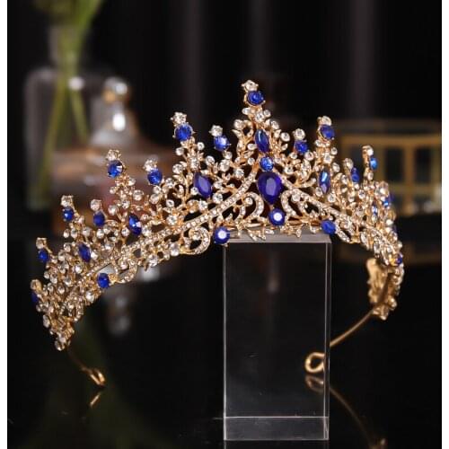 Blue Luxury Crystal Rhinestone Crown Tiaras Headband Bride Headdress Wedding Hair Jewelry Headpeice For Women Hair Accessory