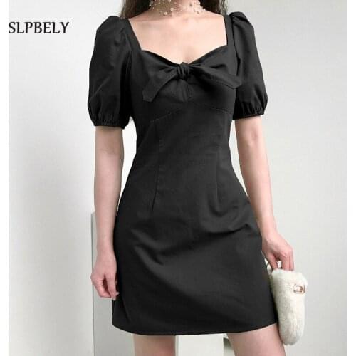 SLPBELY Women Bow Mini Dress Summer Square Collar Puff Sleeve Elegant Sweet Chic Dress Fashion Femmal Vestidos Women Clothing
