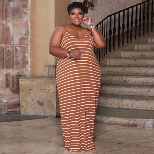 L-5XL Plus Size Black White Striped Oversize Dress Women Deep V Neck Sleeveless Sundress Casual Summer Loose Floor Length Dress