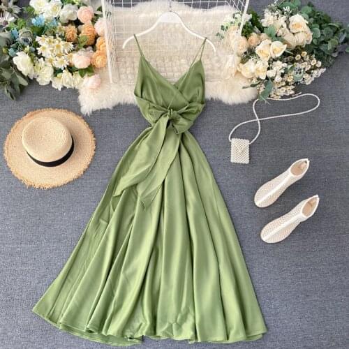 2021 Sexy V-neck Vintage Back Bandage Dress Women Summer Elegant Big Swing Long Dress Female Green Beach Dress