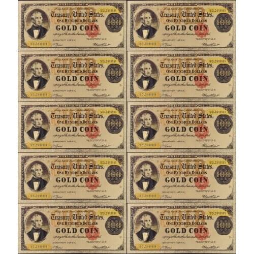 10pcs/lot US Dollar Gold Banknote Set 24k Gold Plated 100 USD Commemorative Bills Gold Foil Banknotes for Gifts Decoration