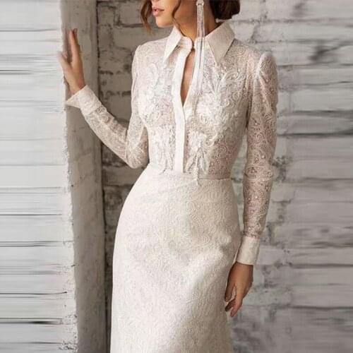 2021 Fashion Design Autumn Dress Women Runway Long Sleeve White Lace Slim Elegant Split-hipped Dresses