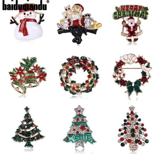 Baiduqiandu Enamel Snowman Santa Tree Jingle Bell Boots Pins and Brooches Charm Crystal Christmas Gift