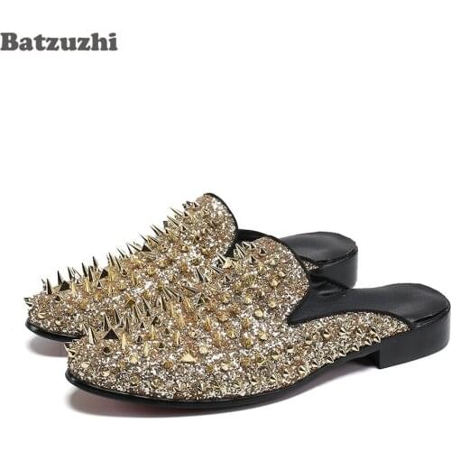Batzuzhi Luxury Handmade Mens Shoes Fashion Mens Sandals Rome Golden Rivets Sandals Men Flat Shoes Man Slippers, Big Sizes 46