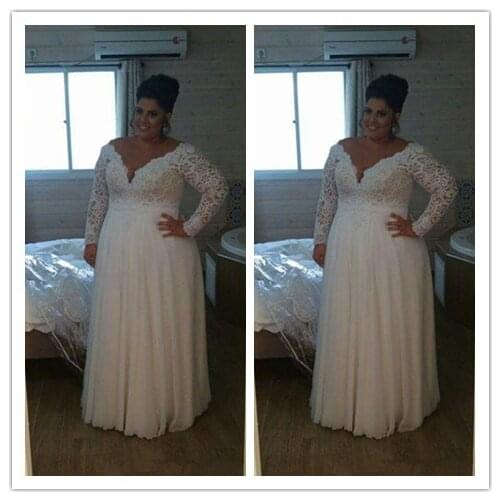 Gy Long Sleeves V-neck A Line Chiffon Lace Bridal dress wedding Gowns Vintage Plus Size Wedding Dress