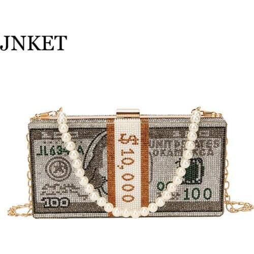 JNKET New Money USD Bags Dollar Design Luxury Diamond Evening Bags Party Clutch Bags Wedding Dinner Purses Handbags Shoulder Bag