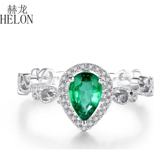 HELON Solid 18K White Gold Pear cut 5X7mm Genuine Tsavorite Ring Real Diamonds Ring Women Engagement Wedding Gemstone Jewelry