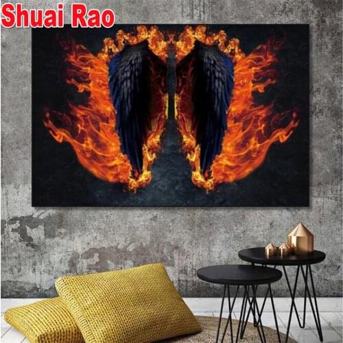 Angel Wings diamond painting full Square,Resin Round diamond embroidery mosaic art diamond Puzzle Black Feather fire
