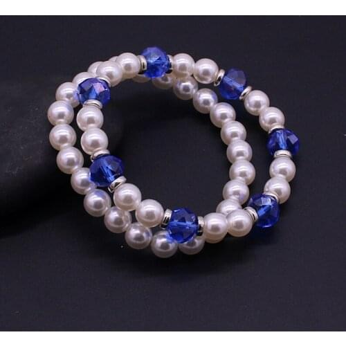 Fashion Crystal Beaded Bracelet Bouble Layer Imitation Pearl Crystal Womens Bracelet Round Bead Powder Blue Wrist Jewelry