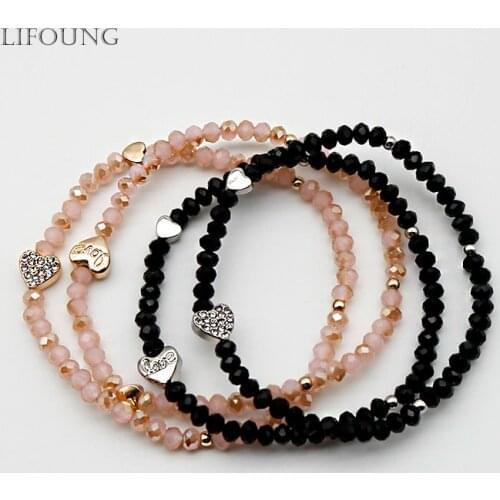 Glass Beads Bracelets Set Gold Heart Pave Rhinestones Half Pink Light Topaz Color Love Cute Charm Strand Bra For Women 2021104