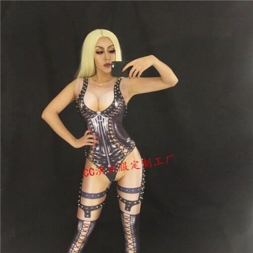 New Fashion Black Red Female Song DjDs Leather Rivet Printing Long Connected Adult Stage Performance Clothing Party Celebration