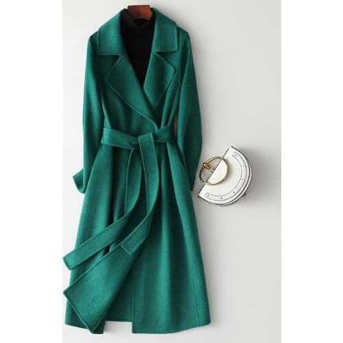 Autumn Winter Women Double-Faced Cashmere Coat Elegant Ladies Lace-up Slim Long Coats Warm Woolen Outerwear Female Overcoat