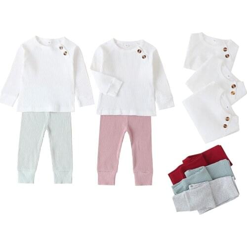 Infants Girls Top Fall Trousers, Stripes Buttons Ruffle Round Collar Long Sleeves Elastic Kid Ribbed Solid Spring Autumn Clothes
