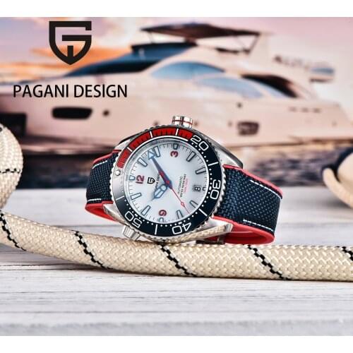 PAGANl DESlGNlatest Latest NH35A Automatic Mechanical Watch Rubber Strap Sapphire 100M Waterproof Clock Mens Mechanical Watch